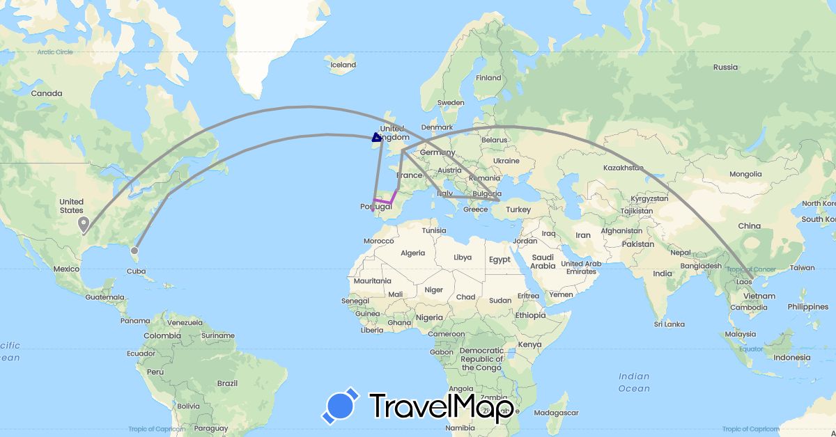 TravelMap itinerary: driving, plane, train in Belgium, Spain, France, United Kingdom, Ireland, Italy, Netherlands, Portugal, Turkey, United States, Vietnam (Asia, Europe, North America)