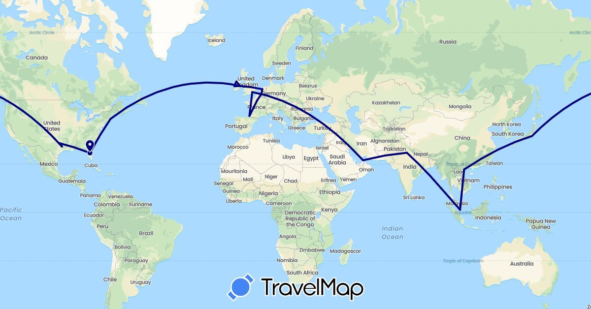 TravelMap itinerary: driving in United Arab Emirates, Belgium, France, United Kingdom, Ireland, India, Japan, Netherlands, Singapore, United States, Vietnam (Asia, Europe, North America)